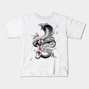 Fierce Cobra Tattoo Style with Cherry Blossoms Kids T-Shirt